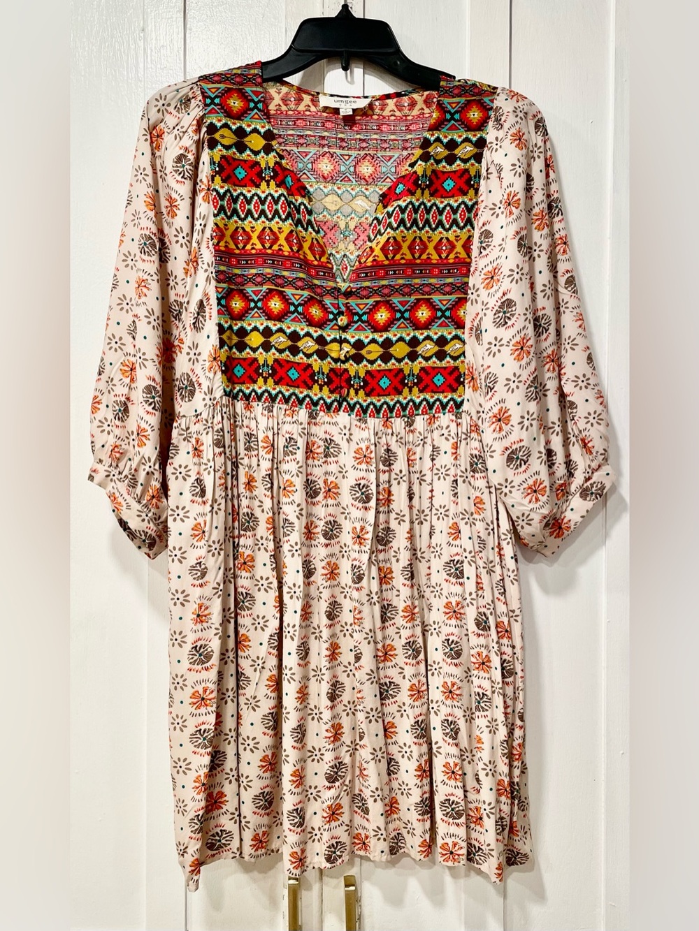 Umgee Boho Fall Floral Aztec Print Midi Dress Size M